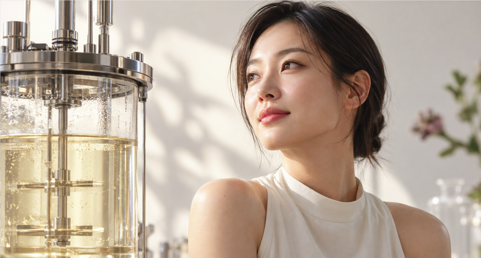Concept image of a person with natural skin and hair beside cultivation equipment